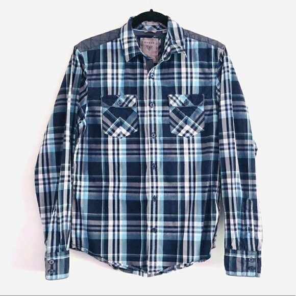 Guess LA Dillon Shirt XS Plaid Slim-Fit Long Sleeve Button Down Chambray - Picture 3 of 13